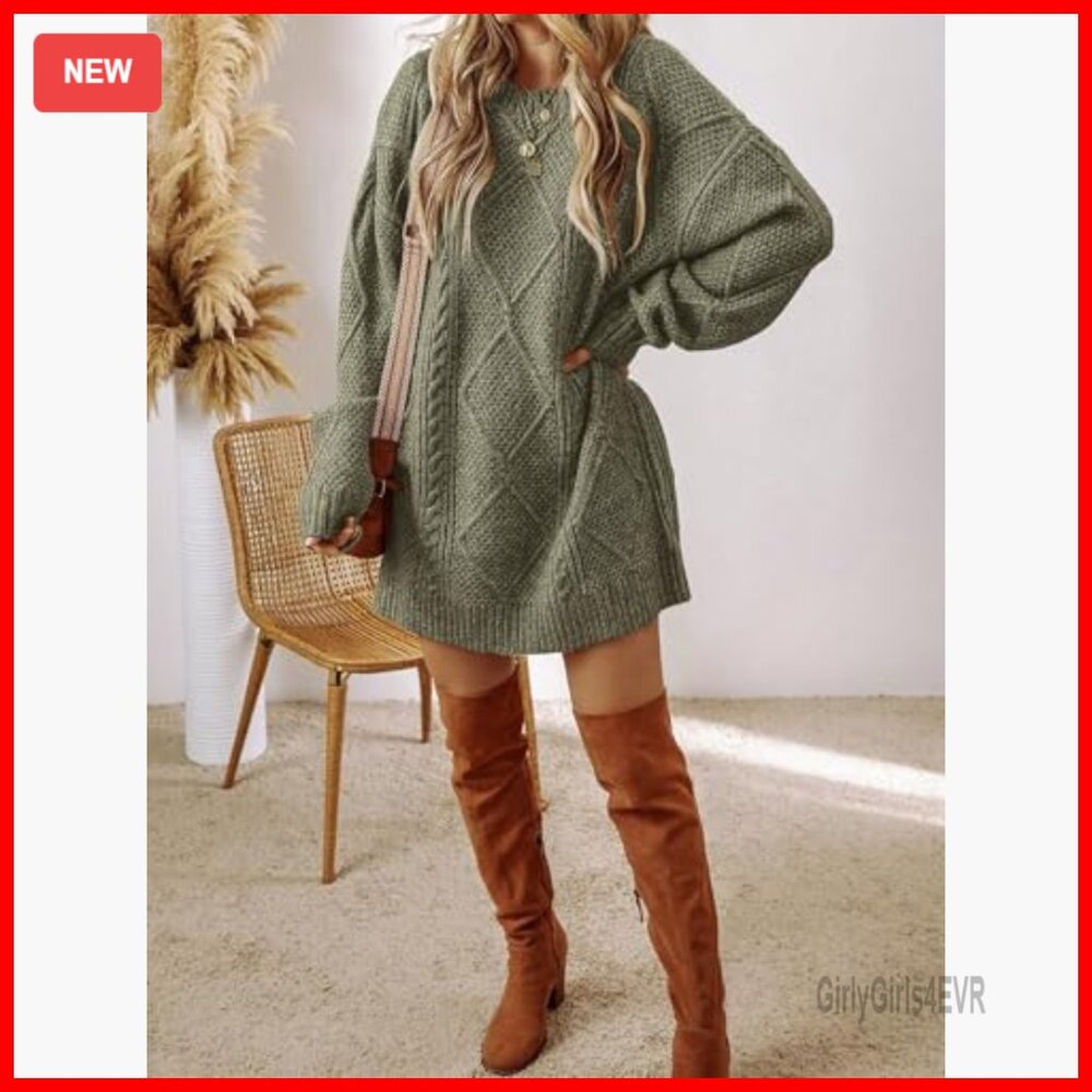 Cable Knit Sweater Dress Long Sleeve Loose Fit Pullover Mini Tunic - Picture 3 of 7